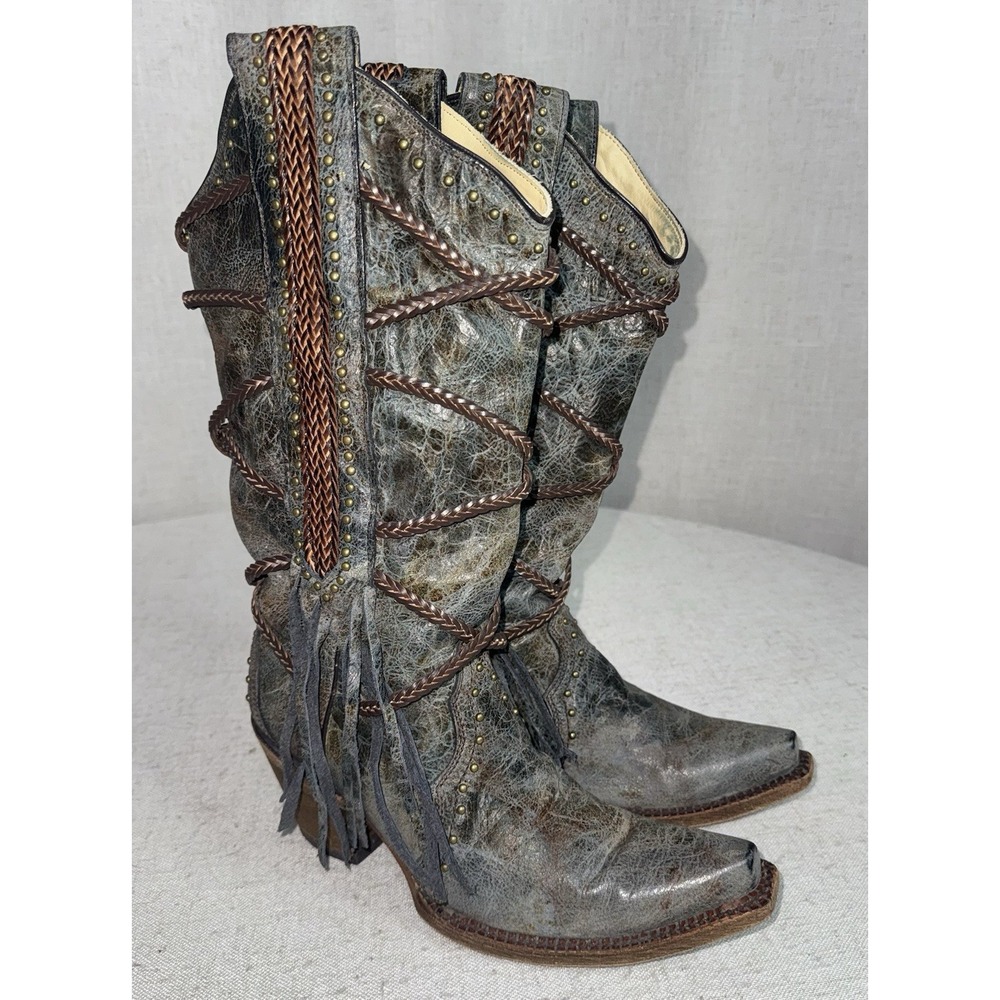 Corral Sz 7 Braided Leather Fringe Studded Cowgirl Blue Brown Western‎ Boots